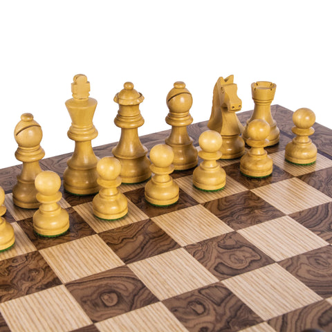 Manopoulos - Walnut Burl Chess Set - 40x40cm with Staunton Chessmen (7.7cm King)