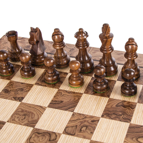 Manopoulos - Walnut Burl Chess Set - 40x40cm with Staunton Chessmen (7.7cm King)