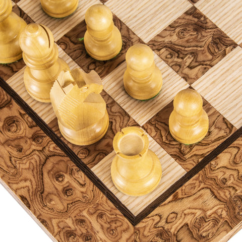 Manopoulos - Walnut Burl Chess Set - 40x40cm with Staunton Chessmen (7.7cm King)