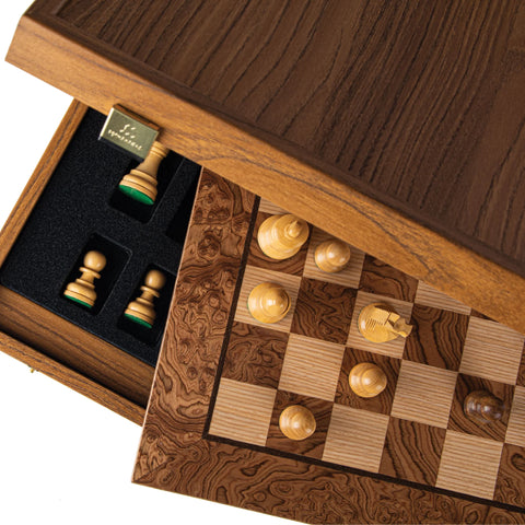 Manopoulos - Walnut Burl Chess Set - 40x40cm with Staunton Chessmen (7.7cm King)