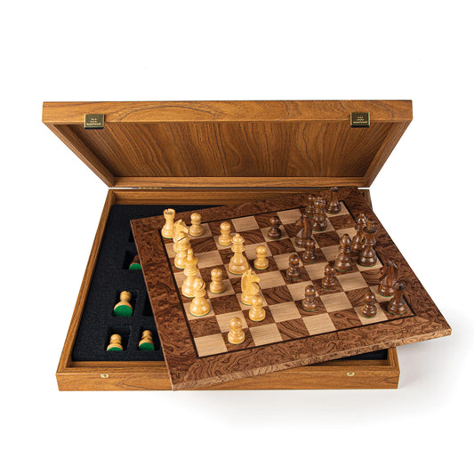 Manopoulos - Walnut Burl Chess Set - 50x50cm with Staunton Chessmen (8.5cm King)
