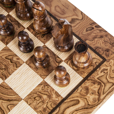 Manopoulos - Walnut Burl Chess Set - 50x50cm with Staunton Chessmen (8.5cm King)