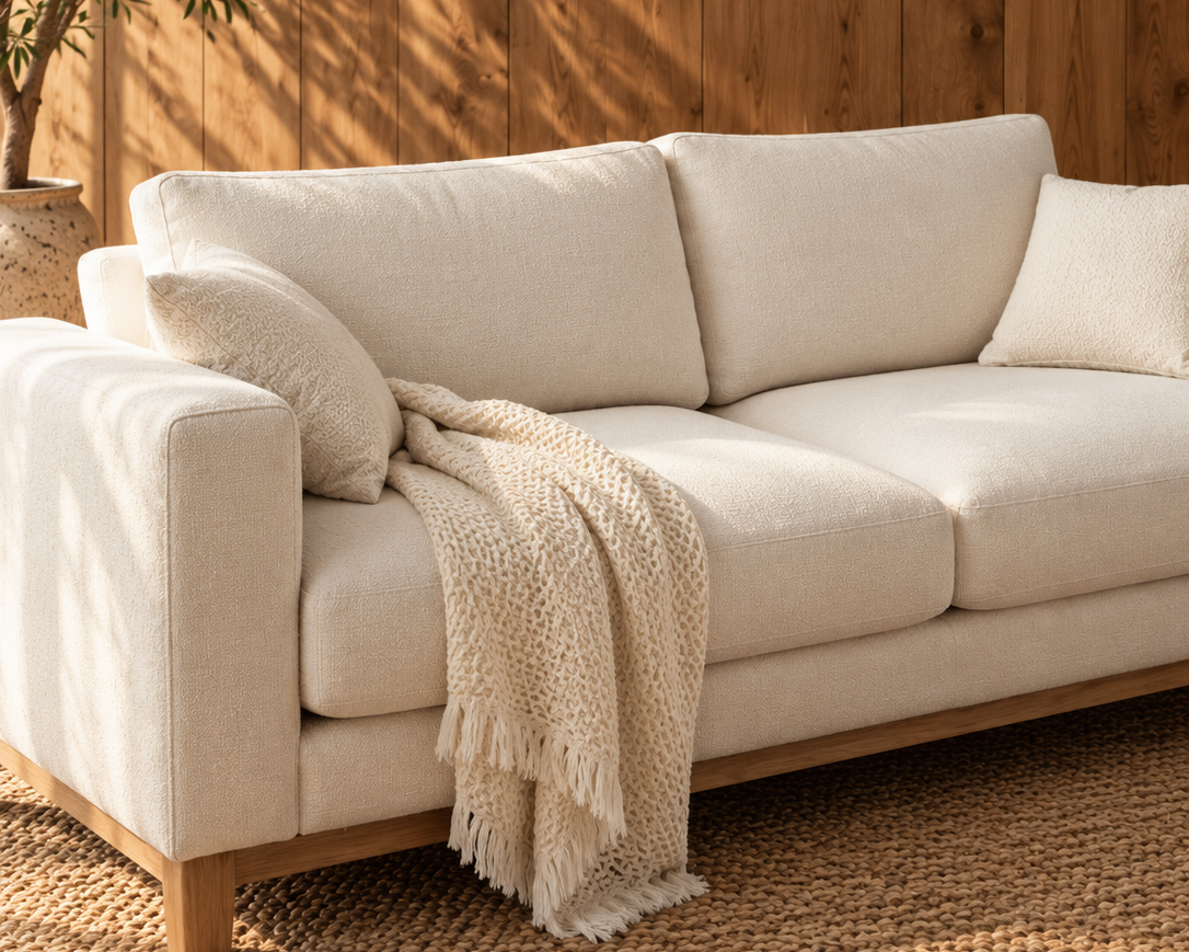 A cream-colored fabric sofa with a light wood frame, styled with two matching throw pillows and a textured cream knit throw blanket, set against a warm wood-paneled wall and a woven jute rug.