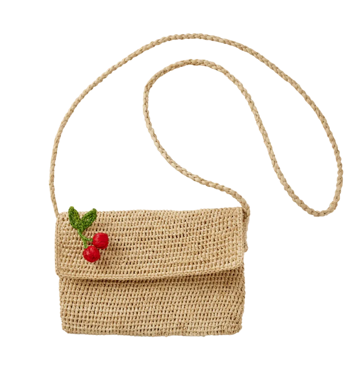 Rice Raffia Crossbody Bag with Cherry, 122cm strap