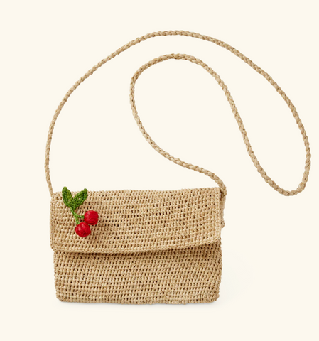 Rice Raffia Crossbody Bag with Cherry - Strap 122cm