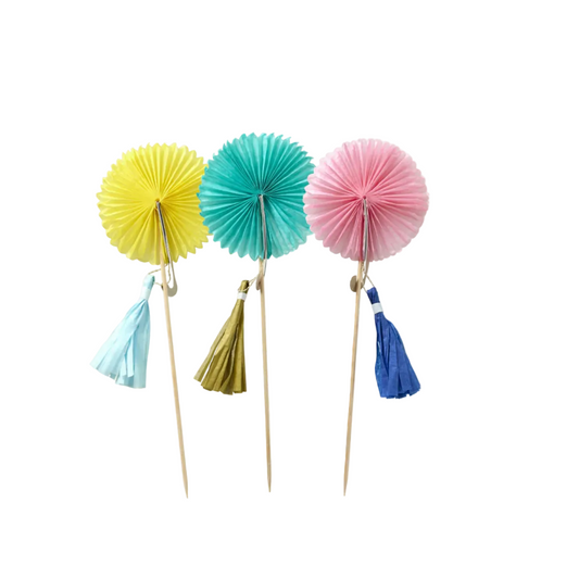 Rice Party Picks in Fan Shape with Tassel in 3 Color - 6 Pcs