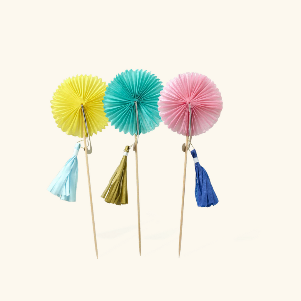 Rice Party Picks in Fan Shape with Tassel in 3 Color - 6 Pcs