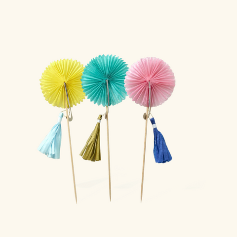 Rice Party Picks in Fan Shape with Tassel in 3 Color - 6 Pcs