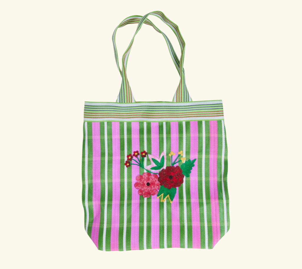Rice Embroidered Flower Stripes Bag
