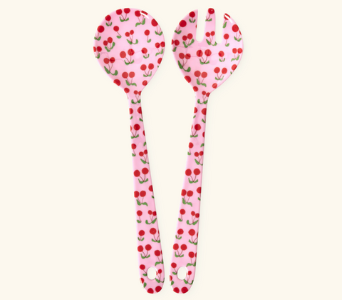 Rice Melamine Salad Spoon and Fork with Pink Cherries Print