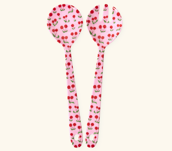 Rice Melamine Salad Spoon and Fork with Pink Cherries Print
