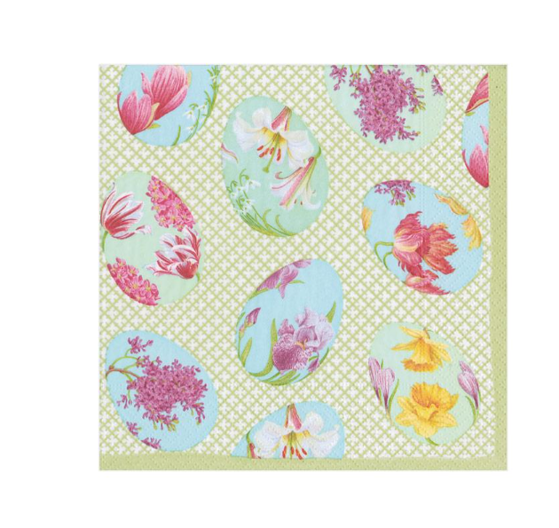 Caspari Floral Decorated Eggs luncheon napkins with painted eggs and flowers