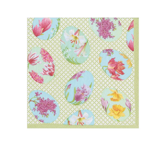 Caspari Floral Decorated Eggs luncheon napkins with painted eggs and flowers