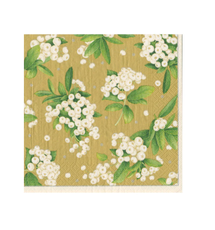 Caspari Christmas Berry Paper Cocktail Napkins in Gold/White