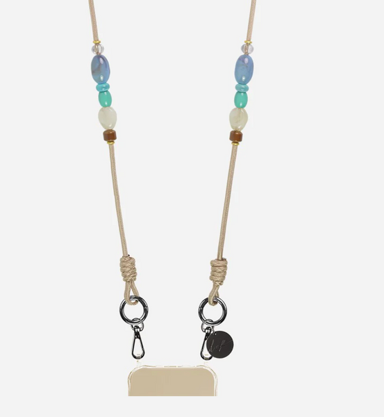 La Coque Francaise Inaya Phone Landyard Beige, Gold and Blue Beads