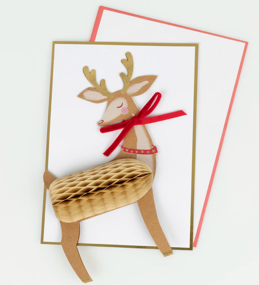 Meri Meri Stand-Up Reindeer Christmas Card with red velvet bow
