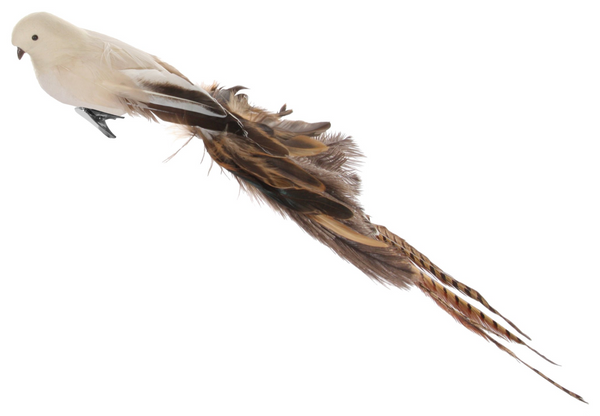 Bird with clip mixed feather tail beige-brown 67cm
