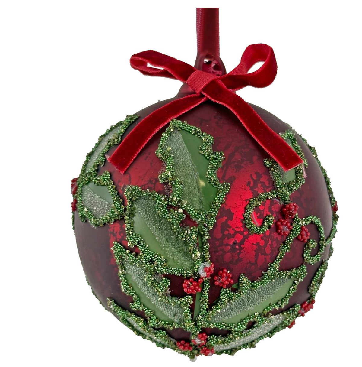 Shishi matt antique red glass baubles with beaded holly pattern, box of 4