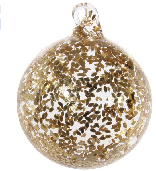 Shishi Glass ball clear w/gold leaf and gold glitter leaves