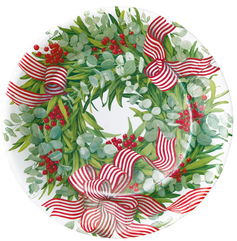 Caspari Ribbon Stripe Wreath Paper Dinner Plates - 8 Pcs