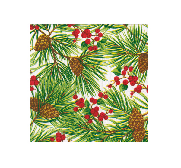 Caspari Evergreen and Berries White Napkins