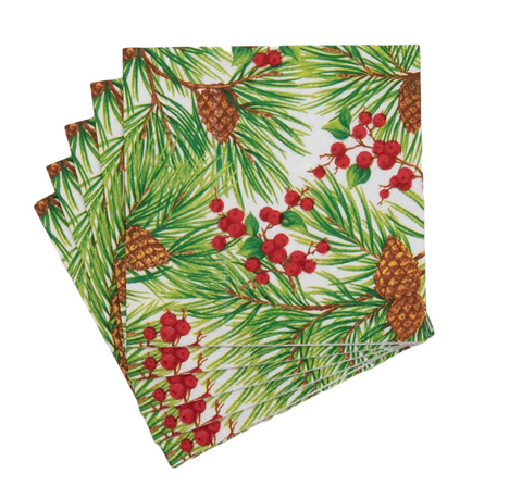 Caspari Evergreen and Berries White Napkins