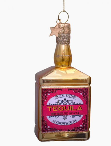 Christmas Tree Ornament Hanging Glass Gold Tequila Bottle - 9.5cm