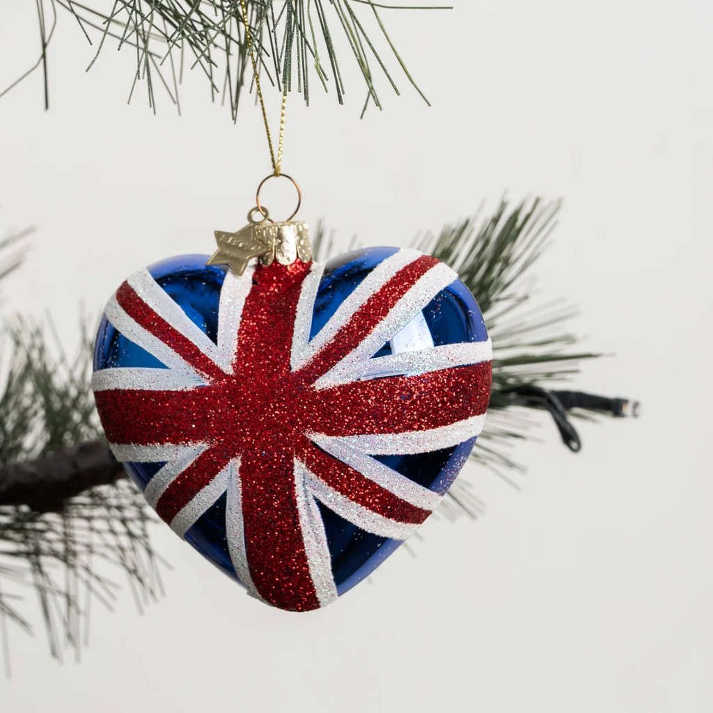 Christmas Tree Ornament Hanging Glass Heart w/British Flag - 8cm
