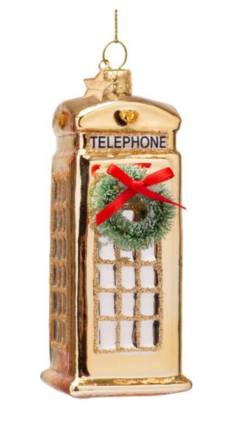 Christmas Tree Ornament Hanging Glass Shiny Gold Phone Box - 13cm