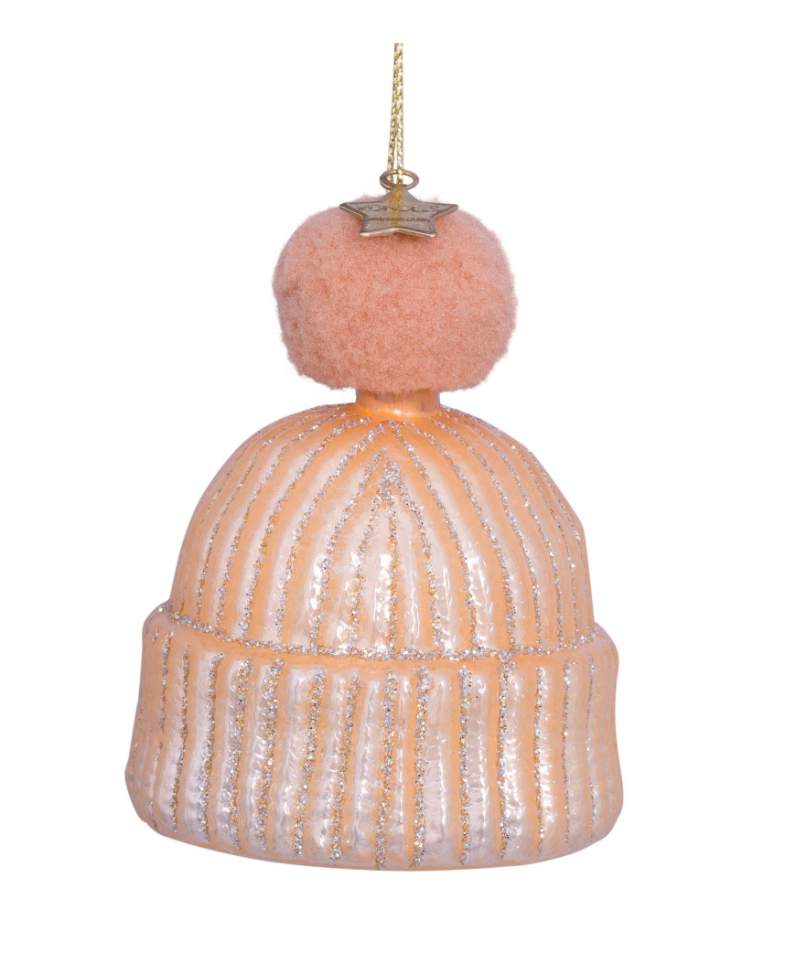Vondels Christmas tree ornament, hanging glass champagne opal hat with pompon, 7.5cm