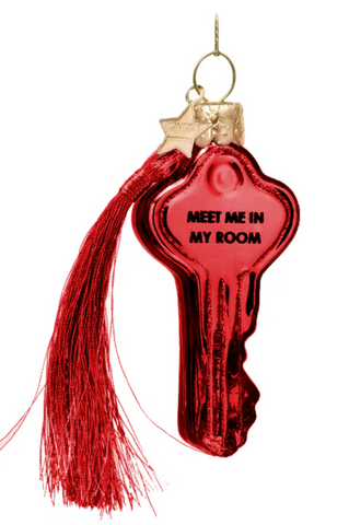 Christmas Tree Ornament Hanging Glass Burgundy Key w/Meet Me In My Room - 8cm