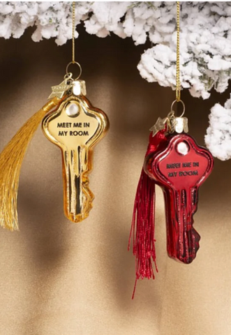 Christmas Tree Ornament Hanging Glass Burgundy Key w/Meet Me In My Room - 8cm