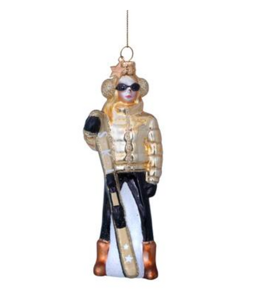 Christmas Tree Ornament Hanging Glass Gold Ski Lady - 13cm