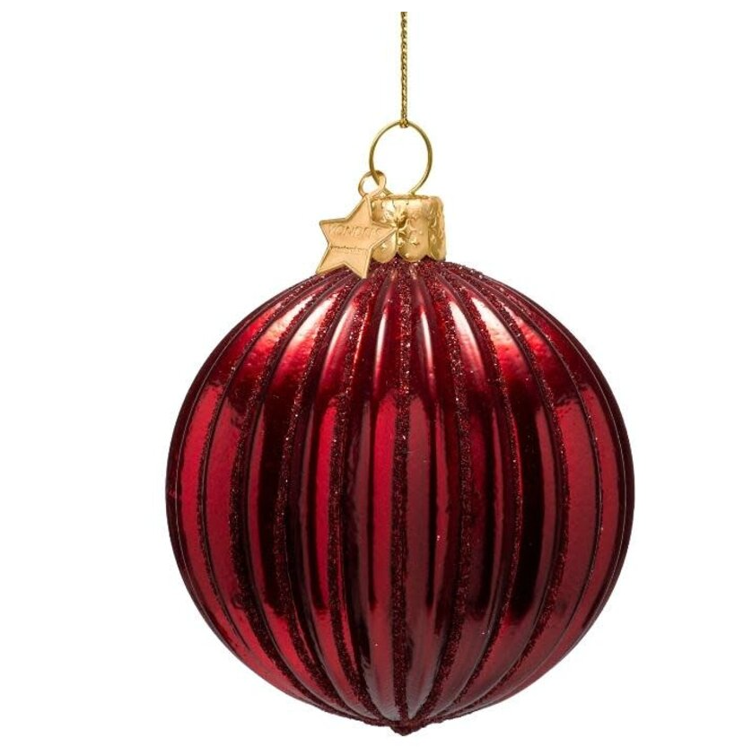 Christmas Tree Ornament Hanging Bauble Glass Burgundy Ribbed - 9cm