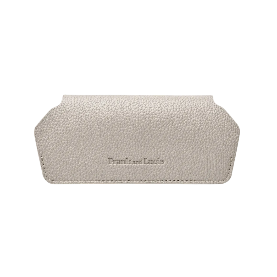 A light beige pebbled leather eyeglasses case with the brand name 'Frank and Lucie' embossed on the front, shown against a plain white background.