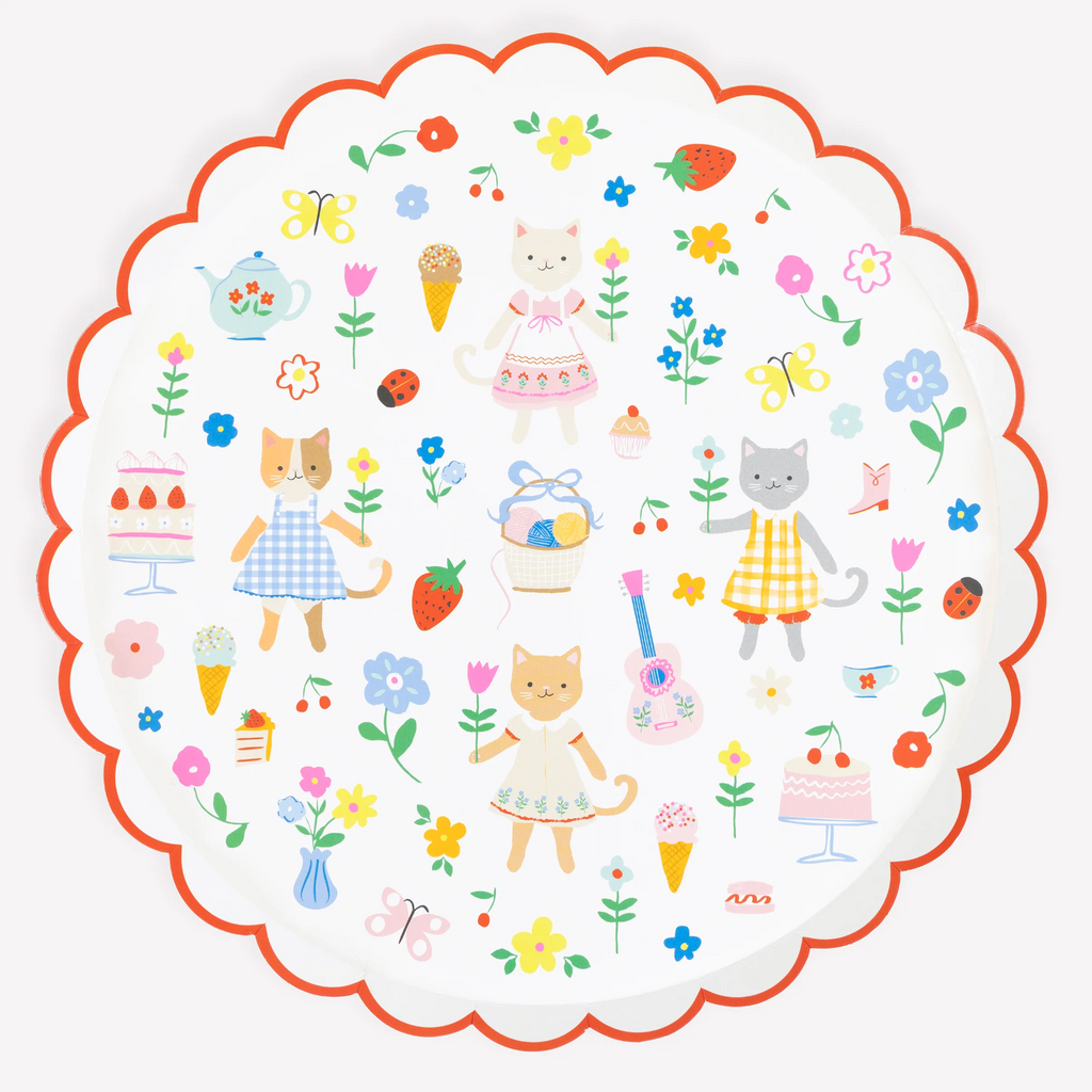Meri Meri Kitten Club paper dinner plates with red scalloped border