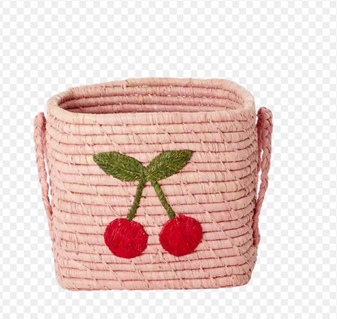 Rice Raffia Square Basket With Cherries Embroidery