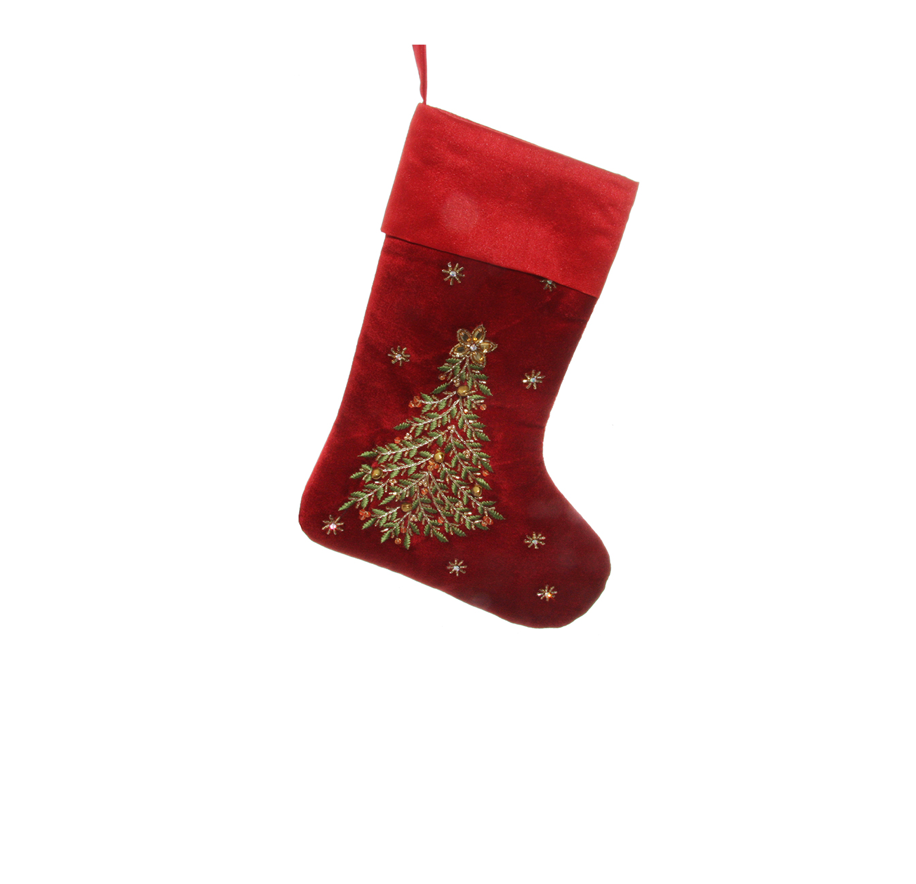 Shishi Velvet Sock Red With Green Tree Embroidery