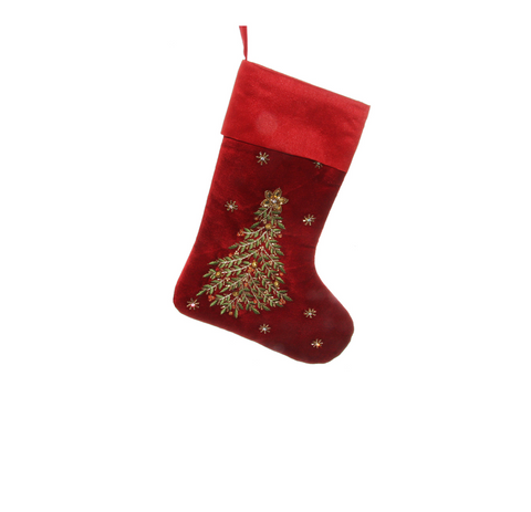 Shishi Velvet Sock Red With Green Tree Embroidery