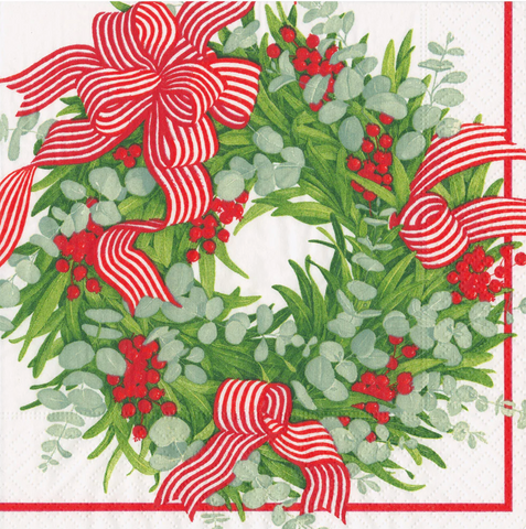 Caspari Ribbon Stripe Wreath Boxed Napkins