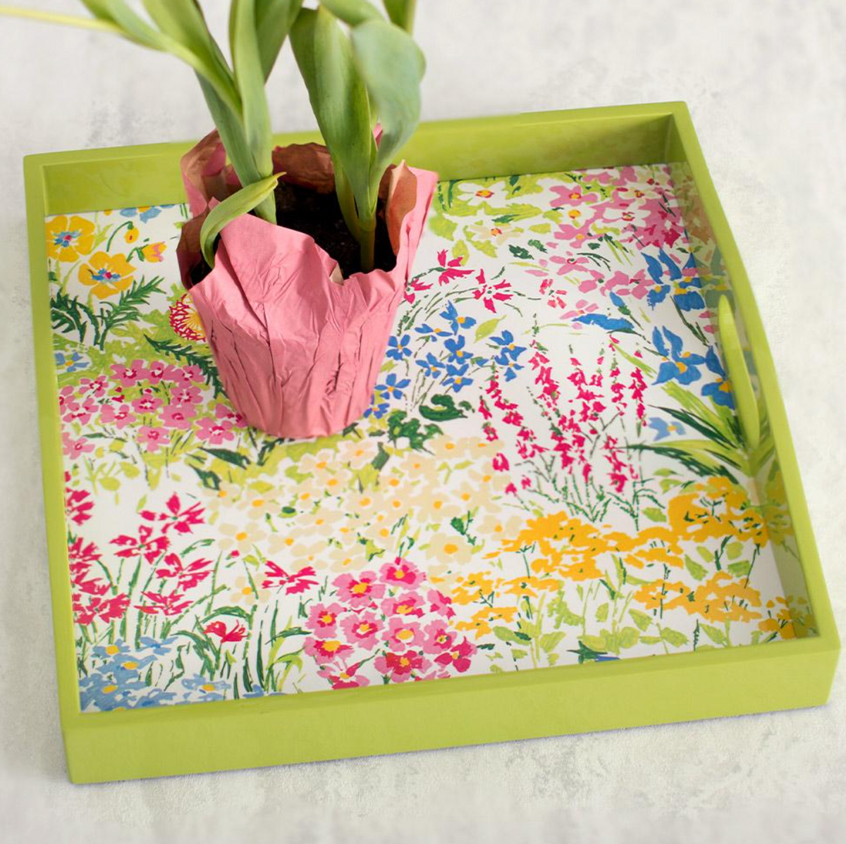 Caspari Meadow Flowers White Lacquer Square Tray