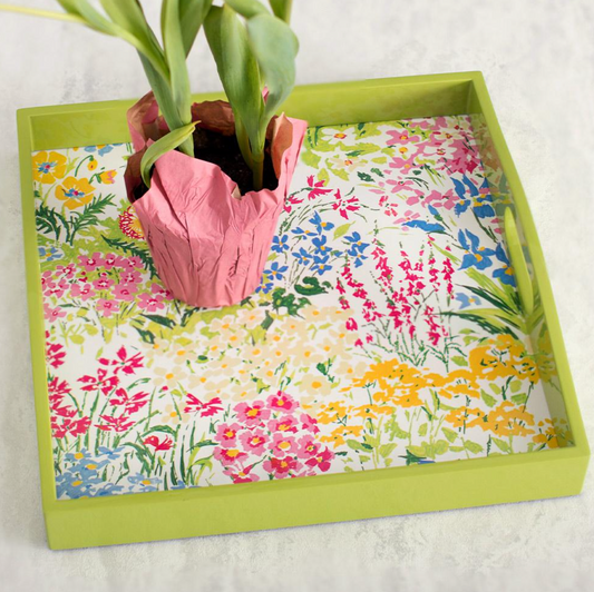 Caspari Meadow Flowers White Lacquer Square Tray
