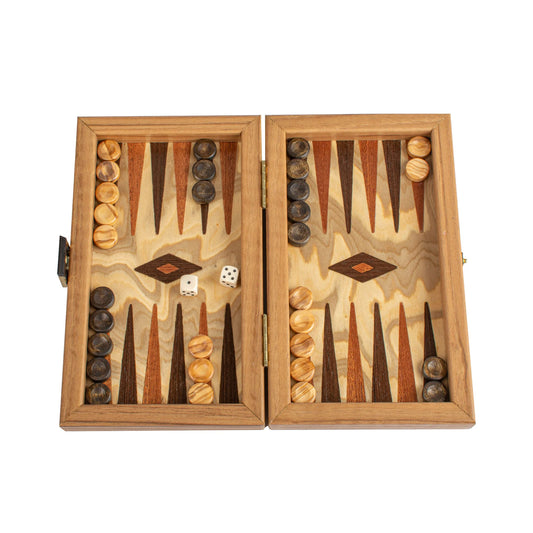 Manopoulos Handcrafted Olive Burl Backgammon Set with Oak Wood Checkers