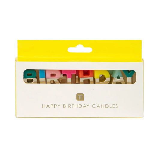 Talking Tables Happy Birthday candles in rainbow letters dipped in gold
