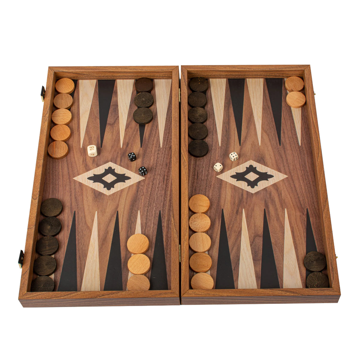 Manopoulos - Handcrafted Walnut Replica Wood Backgammon Set with Black & Oak Points with Side Racks 20x12cm