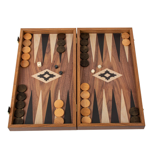 Manopoulos - Handcrafted Walnut Replica Wood Backgammon Set with Black & Oak Points with Side Racks 20x12cm