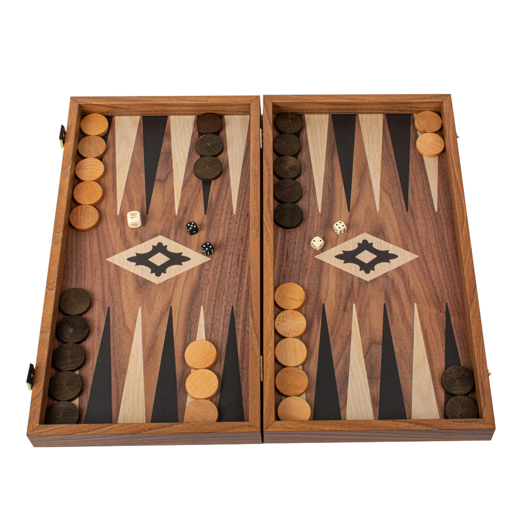 Manopoulos - Handcrafted Walnut Replica Wood Backgammon Set with Black & Oak Points with Side Racks 20x12cm
