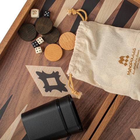 Manopoulos - Handcrafted Walnut Replica Wood Backgammon Set with Black & Oak Points with Side Racks 20x12cm
