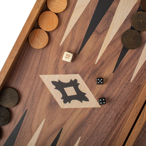 Manopoulos - Handcrafted Walnut Replica Wood Backgammon Set with Black & Oak Points with Side Racks 20x12cm