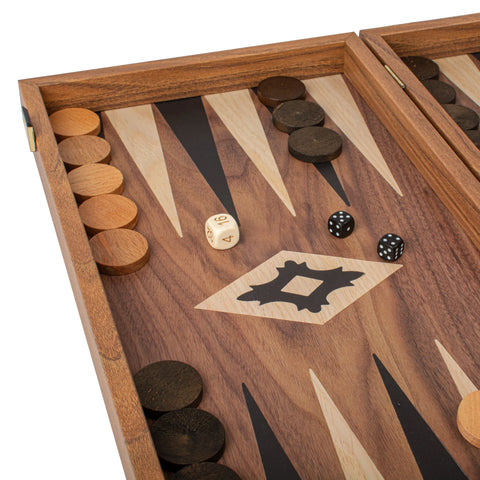 Manopoulos - Handcrafted Walnut Replica Wood Backgammon Set with Black & Oak Points with Side Racks 20x12cm